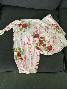 Mad Sky Floral & Asian Calligraphy Infant Sleeper Gown & Matching Hat Set